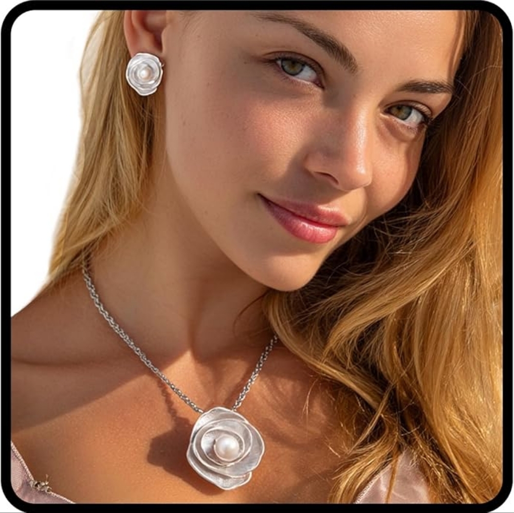 White Rose Pendant Pearl Necklace & Earrings Set | Enamel Floral Gold Jewelry